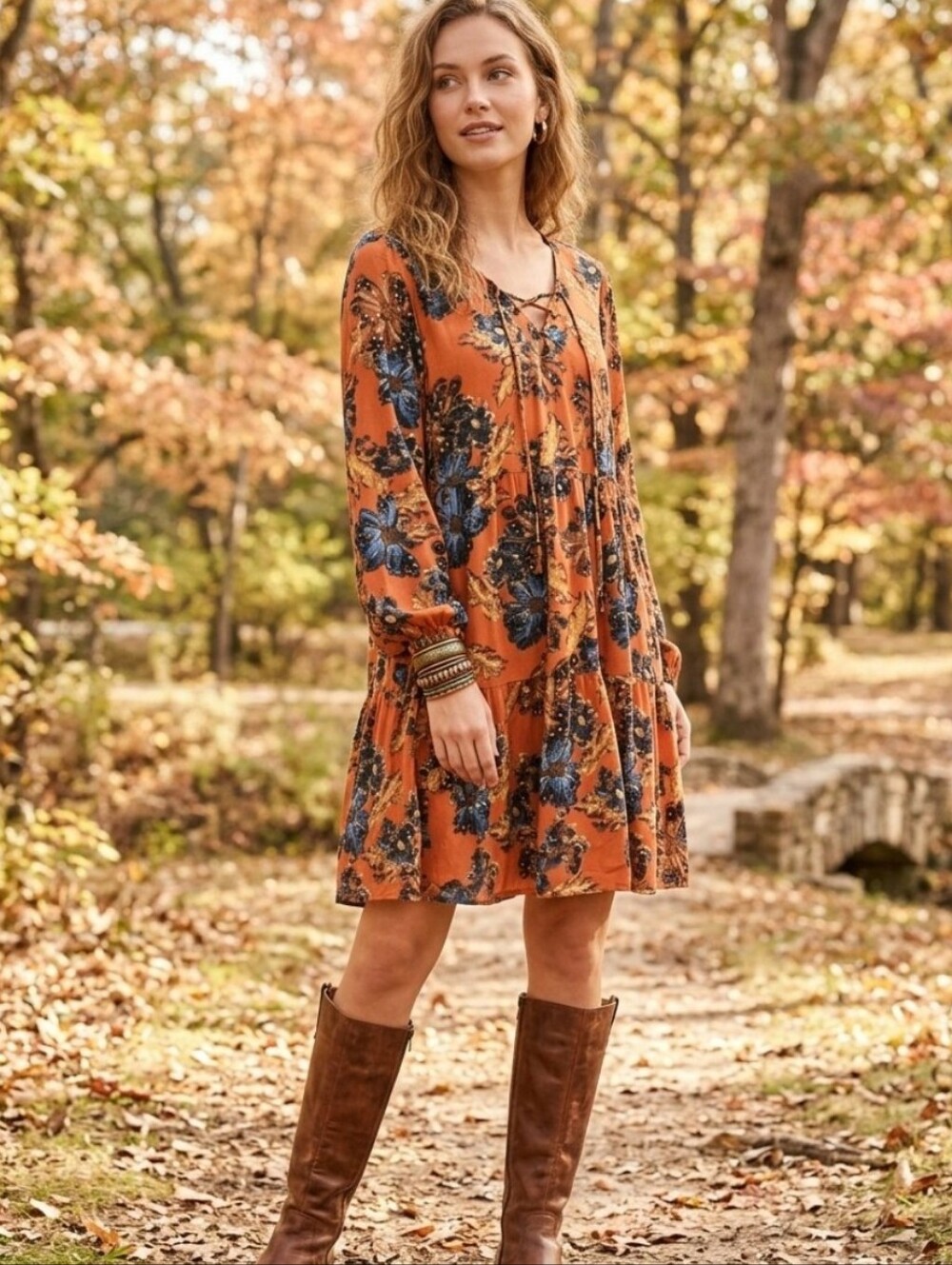 Tiered Floral Swing Dress Rich Jewel Tones Earthy Autumnal 70s Retro Boho Large
